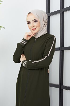 Çizgi Detaylı Haki Ferace 